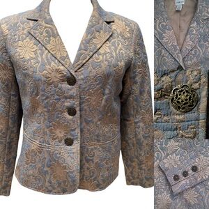 Chicos Golden Blues Ampere‎ Brocade tapestry jacket with peplum back. Size 2=12